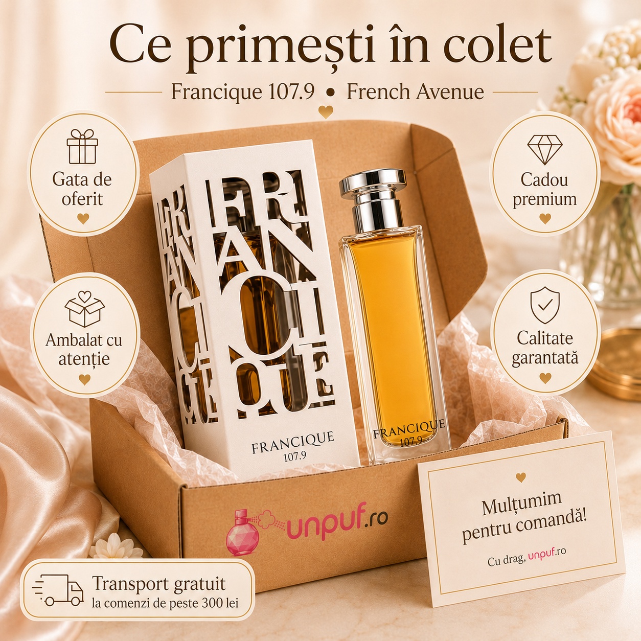Ce primești &icirc;n colet pentru Francique 107.9 French Avenue, parfum, cutie originală, ambalare atentă și card de mulțumire unpuf.ro