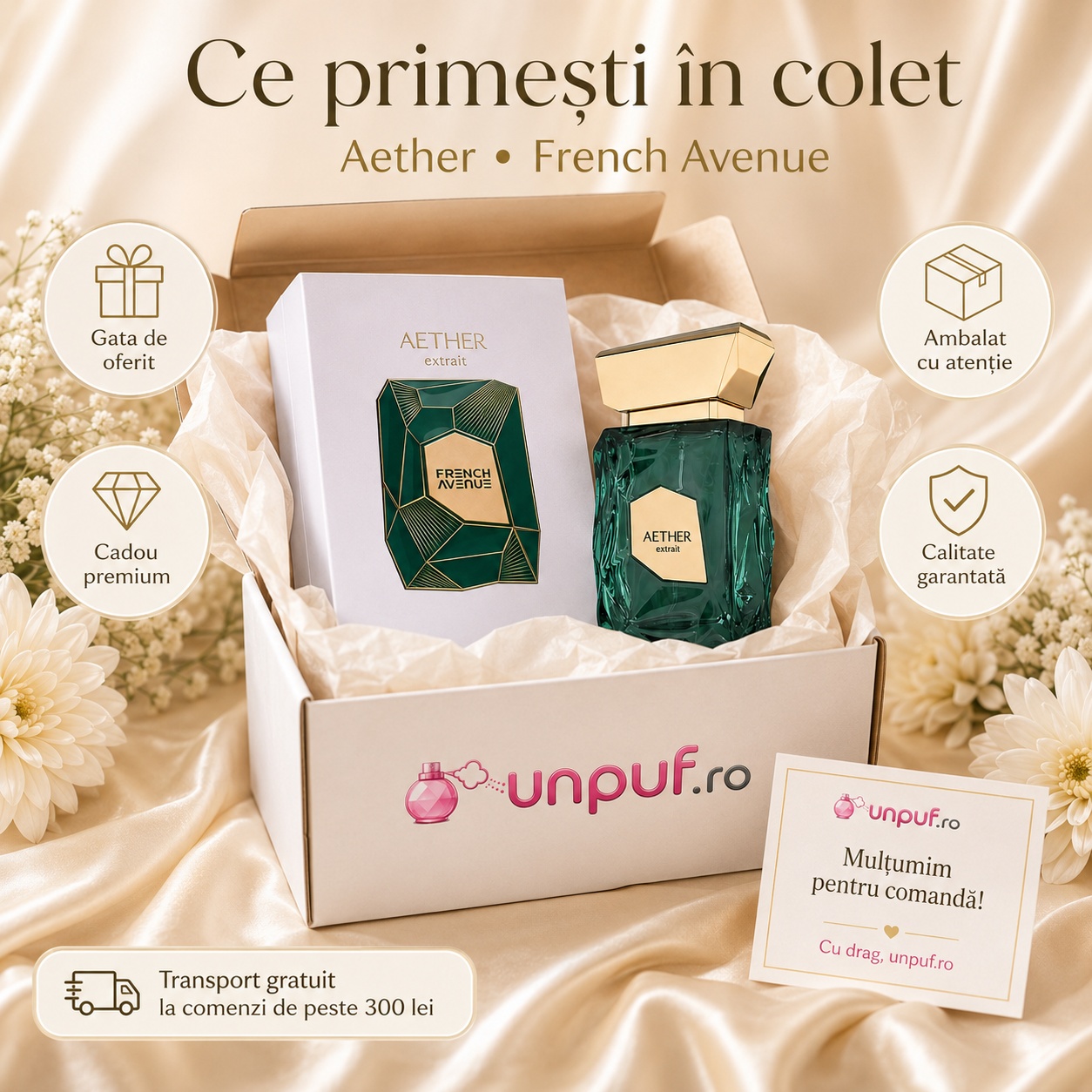 Colet Aether French Avenue ambalat cu atenție, cutie originală, card de mulțumire unpuf.ro și transport gratuit peste 300 lei