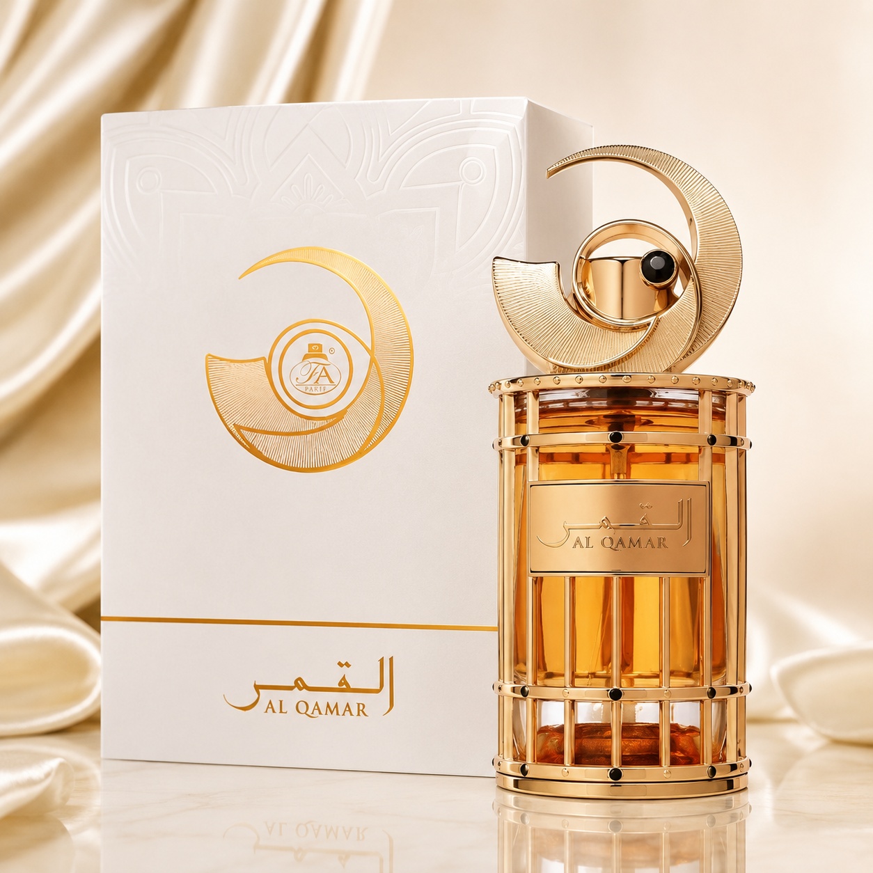 Parfum Arăbesc French Avenue Al Qamar 100 ml cu sticlă aurie luxoasă și cutie albă premium