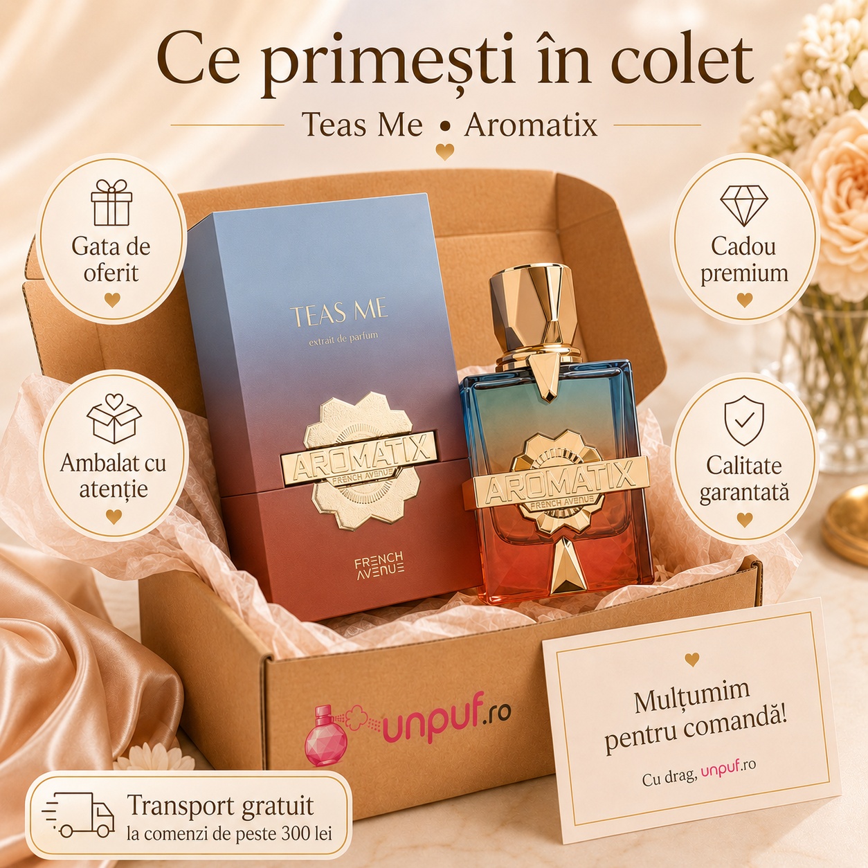Ce primești &icirc;n colet pentru French Avenue Aromatix Teas Me, parfum, cutie originală, ambalare atentă și card de mulțumire unpuf.ro