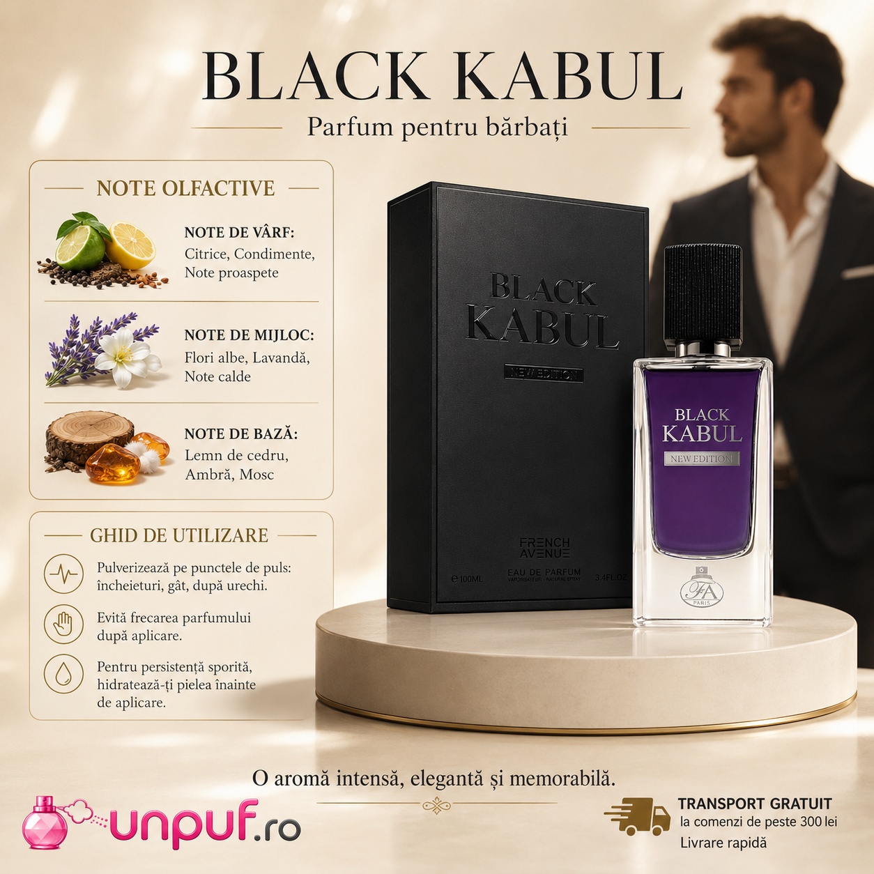 Note olfactive Black Kabul French Avenue cu citrice, condimente, flori albe, lavandă, cedru, ambră și mosc