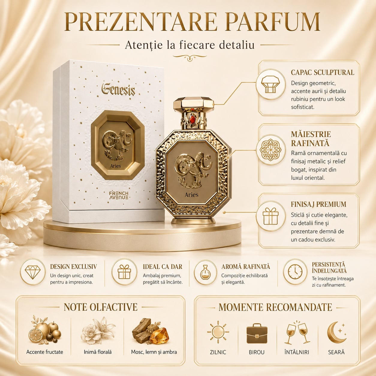 Prezentare parfum Genesis Aries French Avenue cu detalii premium, note olfactive și momente recomandate