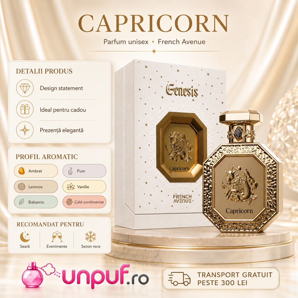 Detalii produs Genesis Capricorn French Avenue cu profil aromatic ambrat, fum, lemnos, vanilie, balsamic și cald condimentat