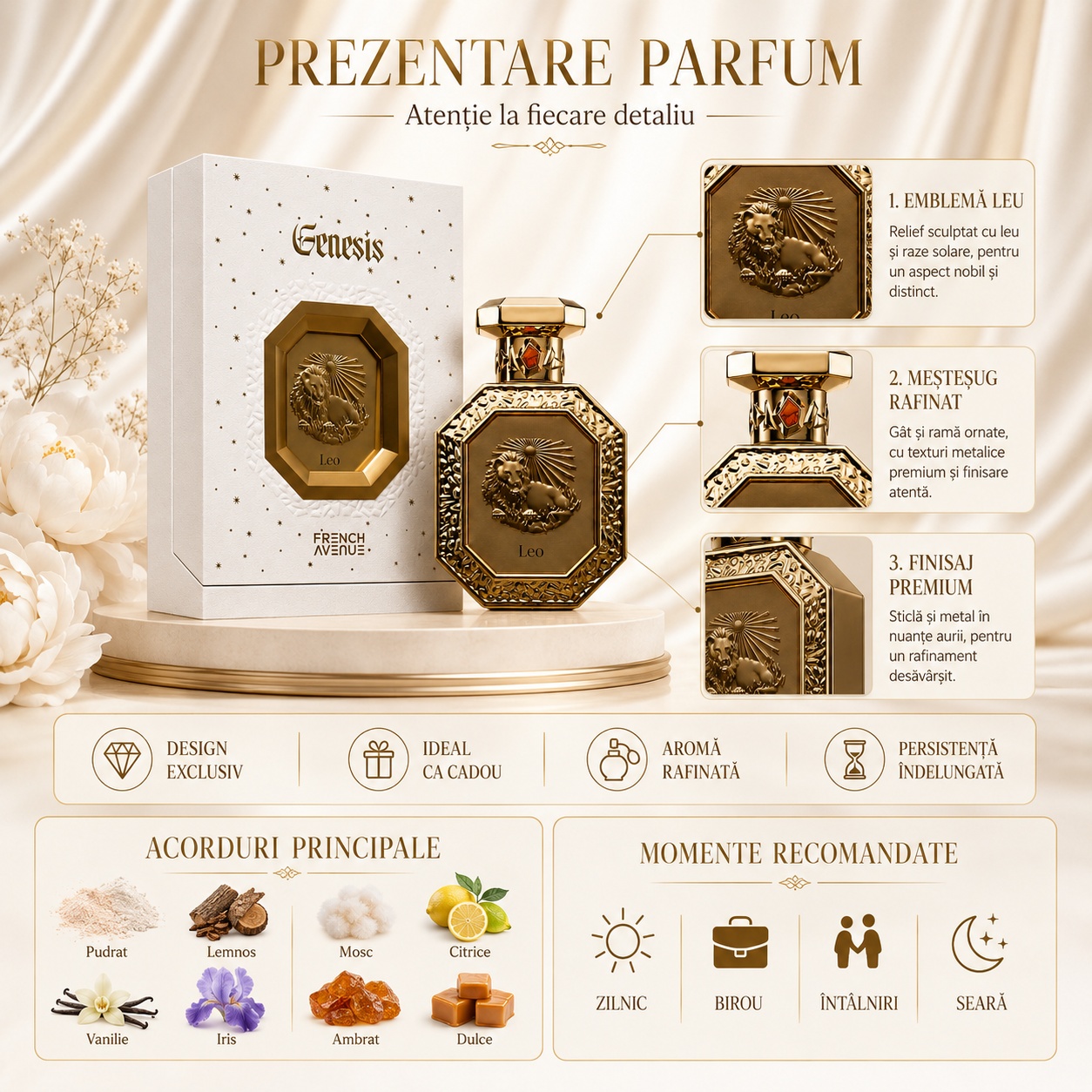 Prezentare parfum Genesis Leo French Avenue cu detalii premium, sticlă aurie și ambalaj elegant