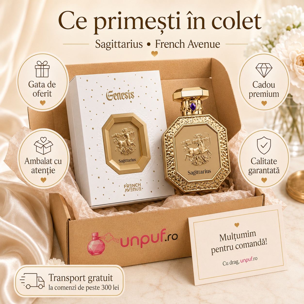 Colet parfum Genesis Sagittarius French Avenue cu parfum original, cutie albă premium, ambalare atentă și card de mulțumire unpuf.ro