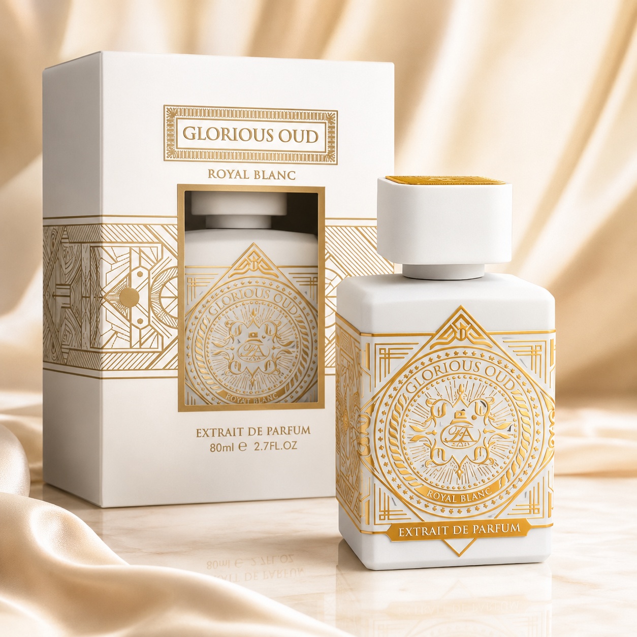 Parfum Arăbesc Glorious Oud Royal Blanc French Avenue 80 ml cu sticlă albă aurie și cutie premium