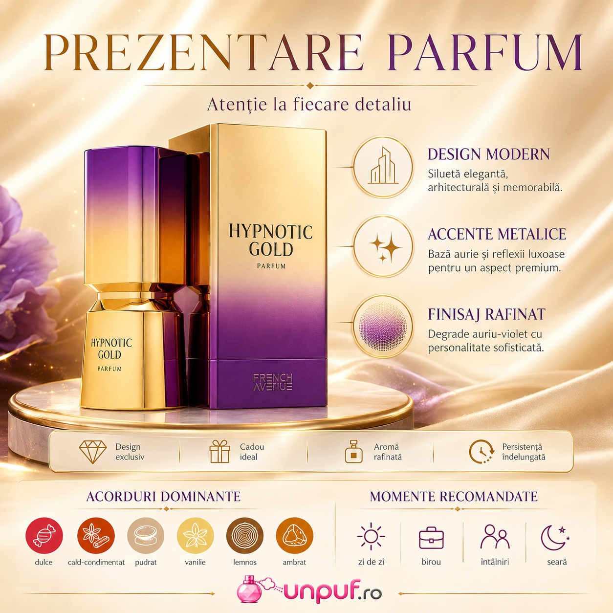 Prezentare parfum Hypnotic Gold French Avenue cu design modern, accente metalice și finisaj rafinat