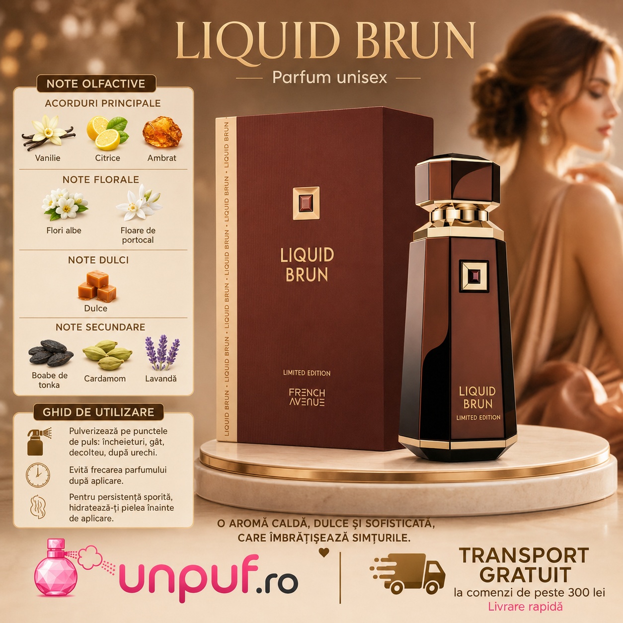 Note olfactive Liquid Brun French Avenue, vanilie, citrice, ambră, flori albe, floare de portocal, boabe de tonka, cardamom și lavandă