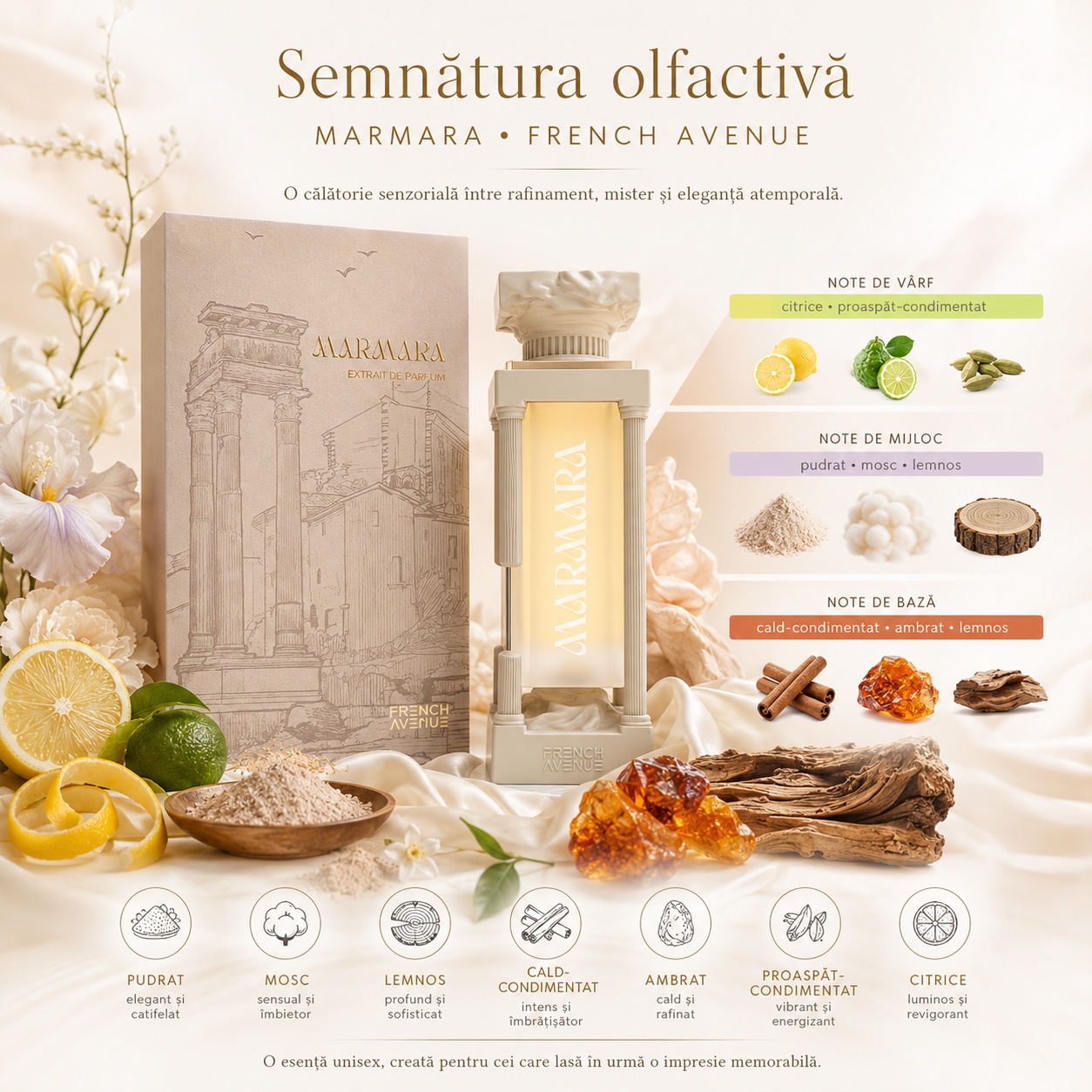 Semnătura olfactivă French Avenue Marmara cu note citrice, pudrate, moscate, lemnoase și ambrate