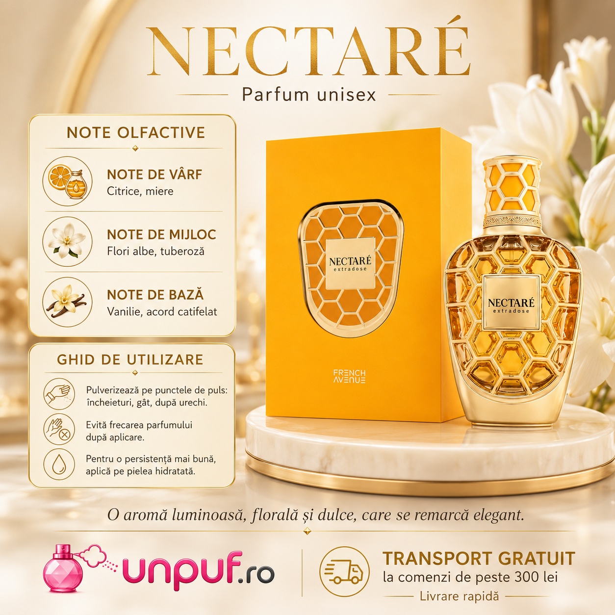 Note olfactive Nectare Extradose French Avenue cu citrice, miere, flori albe, tuberoză, vanilie și acord catifelat