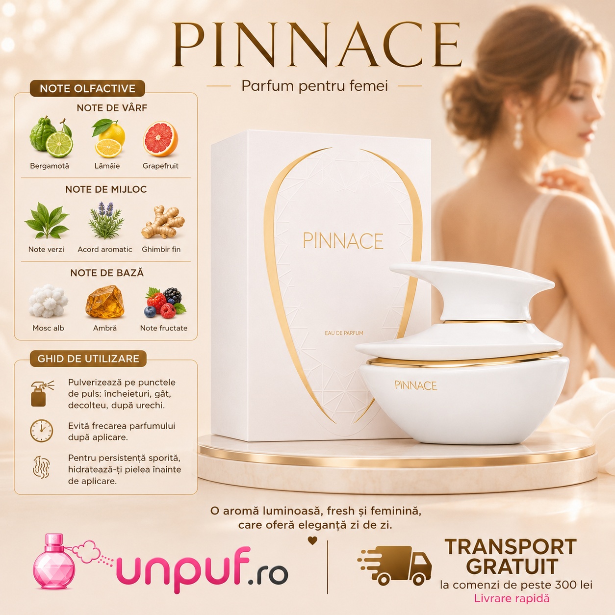 Note olfactive Pinnace French Avenue cu bergamotă, lăm&acirc;ie, grapefruit, note verzi, acord aromatic, ghimbir fin, mosc alb, ambră și note fructate
