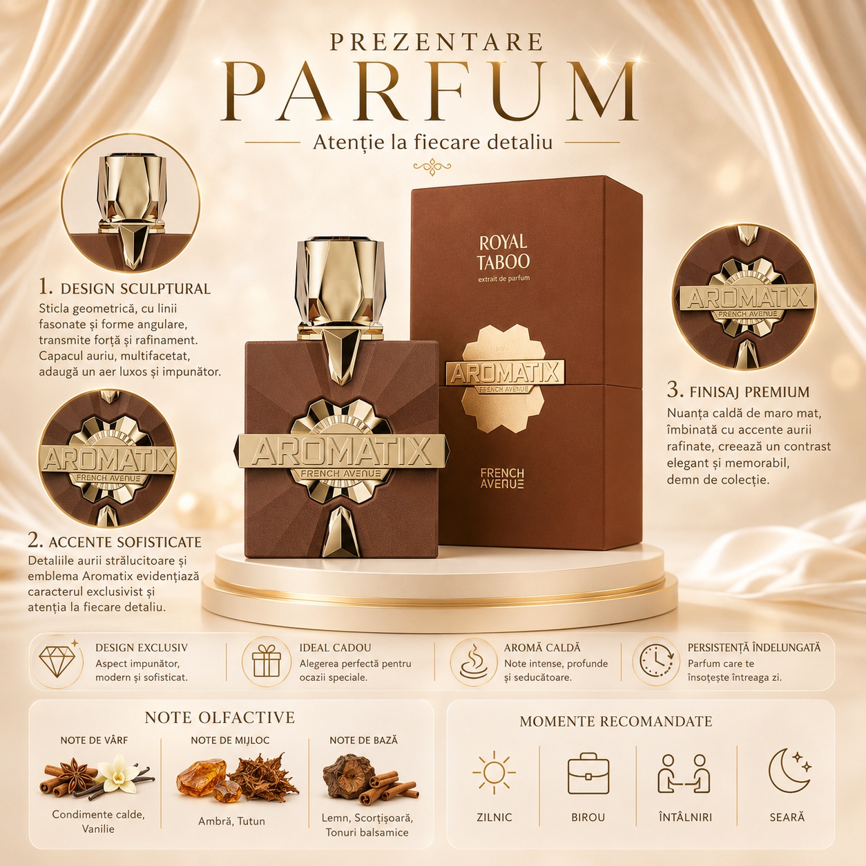 Prezentare parfum Royal Taboo Aromatix design sculptural note calde vanilie ambră tutun lemn și scorțișoară