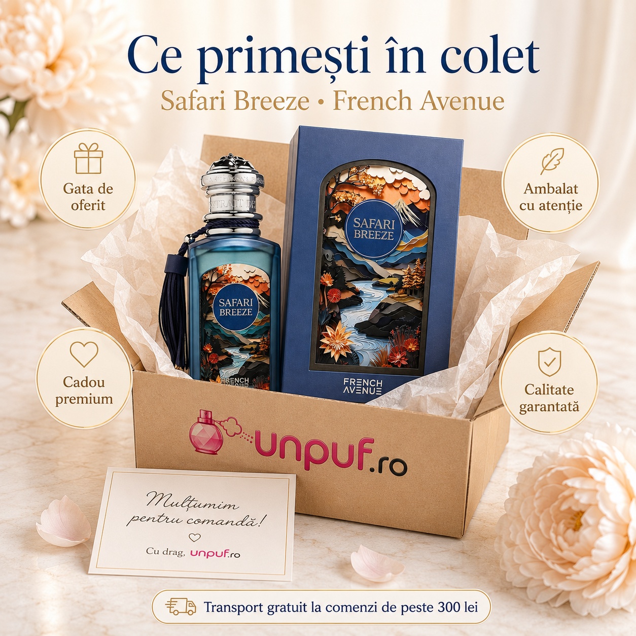Ce primești &icirc;n colet Safari Breeze French Avenue parfum 100 ml ambalat cu atenție cadou premium unpuf.ro