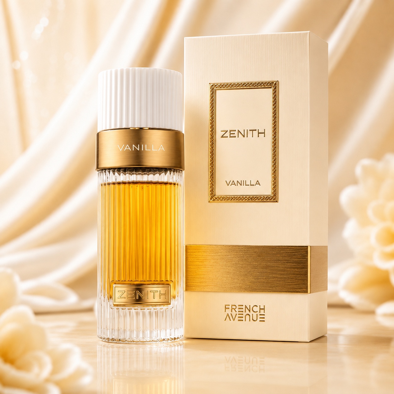 Parfum French Avenue Zenith Vanilla 100ml, sticlă aurie cu lichid ambrat și cutie crem premium