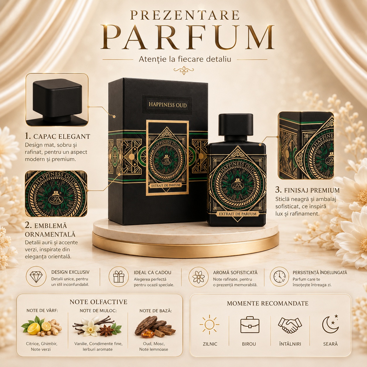 Prezentare parfum Happiness Oud French Avenue capac elegant emblemă ornamentală finisaj premium note olfactive și momente recomandate