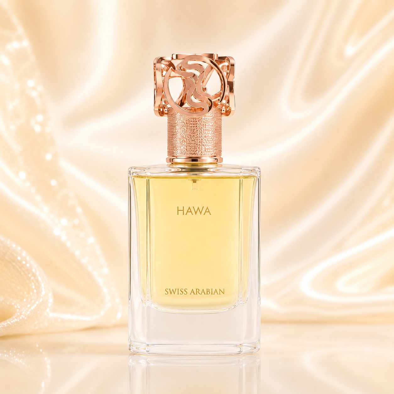 Flacon Hawa 1080 Swiss Arabian cu lichid auriu și capac ornamental rose gold