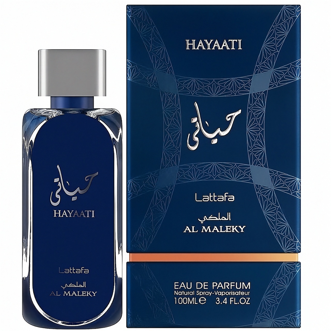 Cutie originală Hayaati Al Maleky Lattafa 100 ml și flacon parfum arabesc bărbătesc