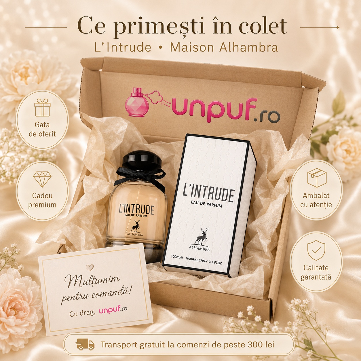 Ce primești &icirc;n colet Intrude Maison Alhambra 100 ml ambalat cu atenție cadou premium unpuf.ro