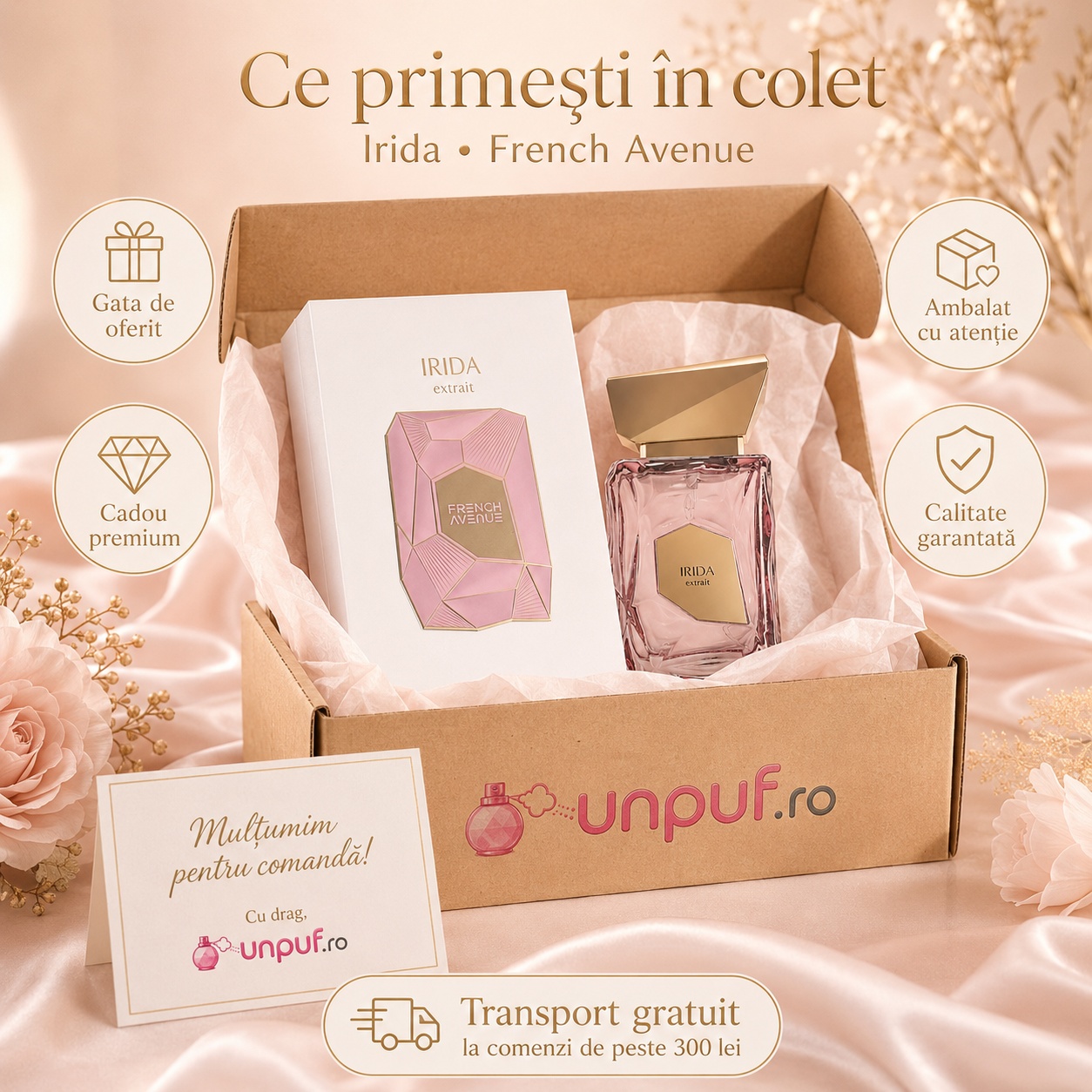 Ce primești &icirc;n colet Irida French Avenue Extrait de Parfum 100 ml ambalat cu atenție cadou premium unpuf.ro