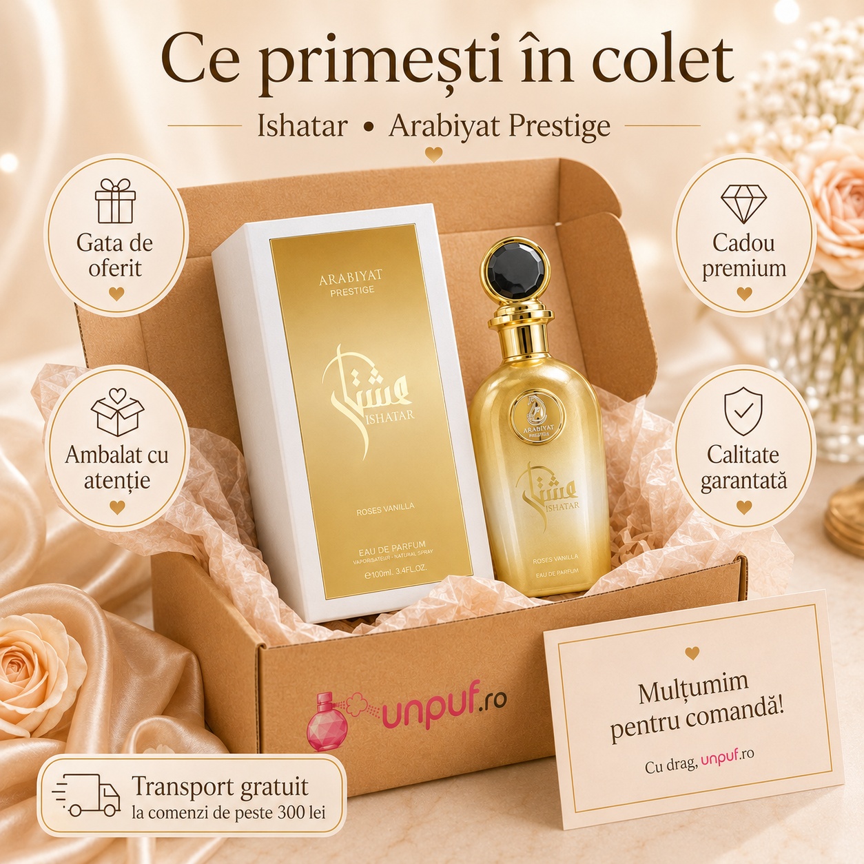 Ce primești în colet la parfumul Ishatar Amber Vanilla Arabiyat Prestige, ambalaj premium UnPuf.ro