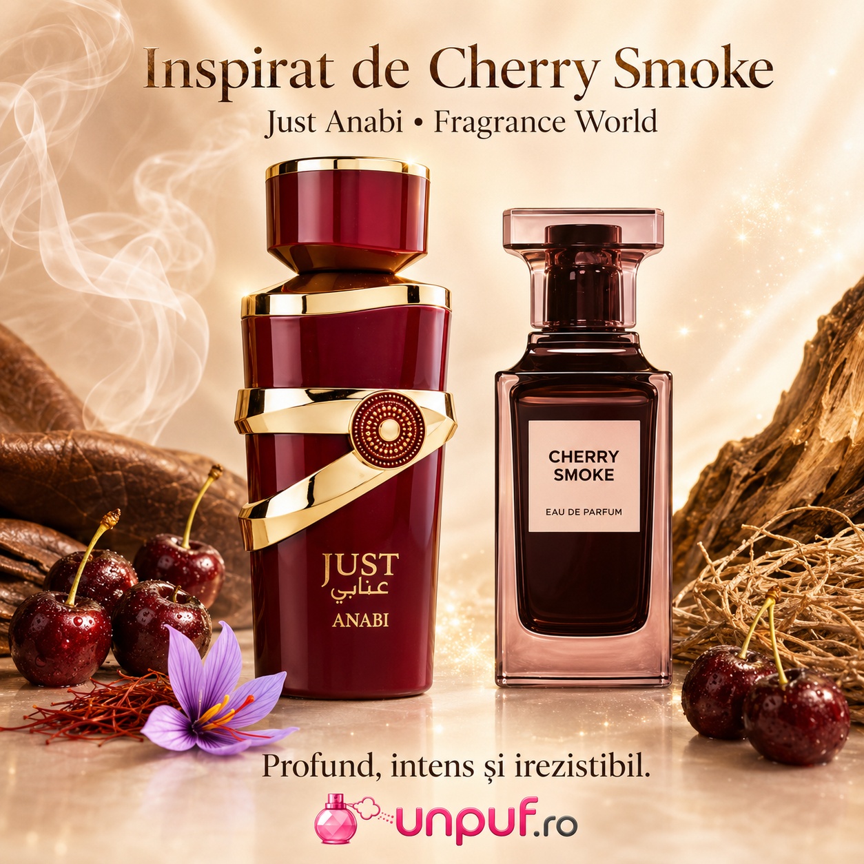 Just Anabi Fragrance World inspirat din Cherry Smoke parfum cu cireașă șofran fum piele și vetiver