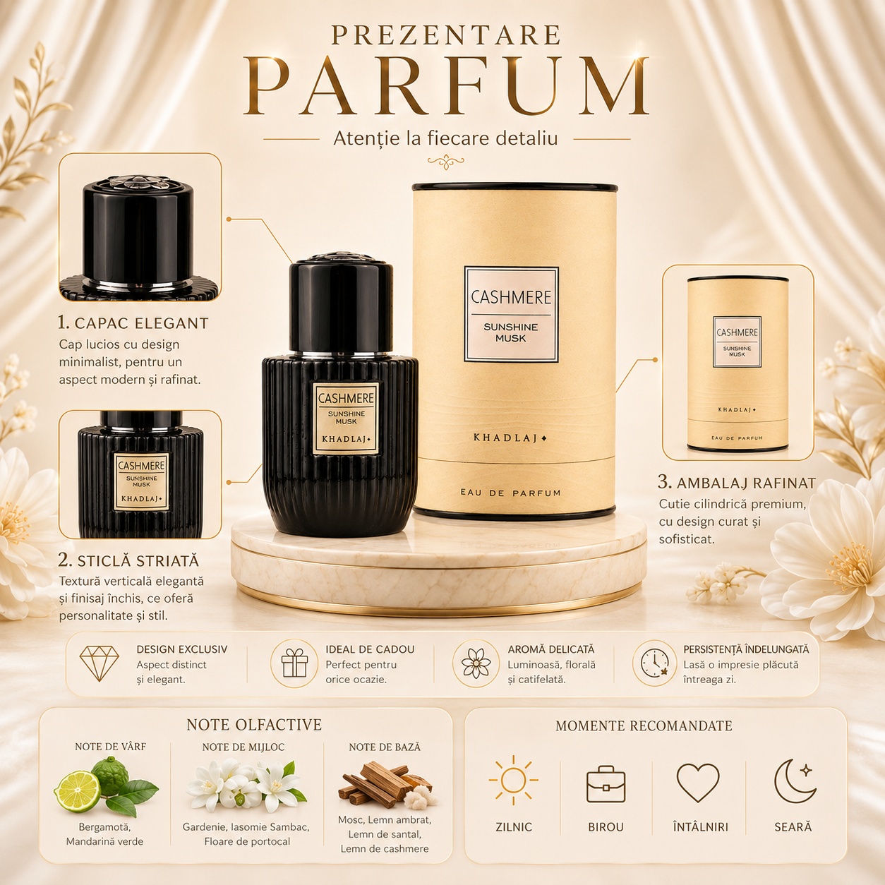 Cashmere Sunshine Musk Khadlaj prezentare parfum cu note de vârf bergamotă și mandarină verde, note florale și bază de mosc santal cașmir