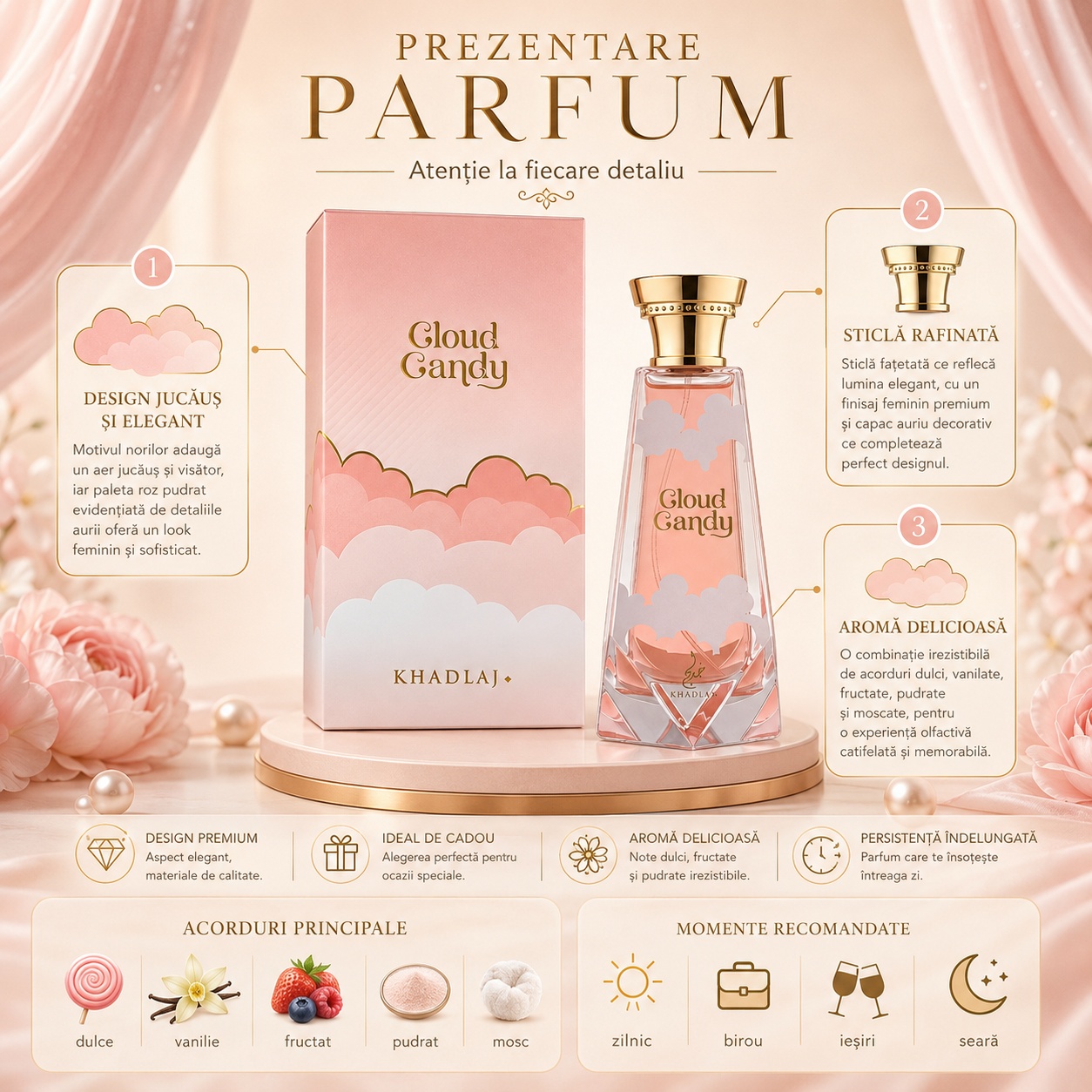 Khadlaj Cloud Candy prezentare parfum cu acorduri dulci, vanilate, fructate, pudrate și moscate