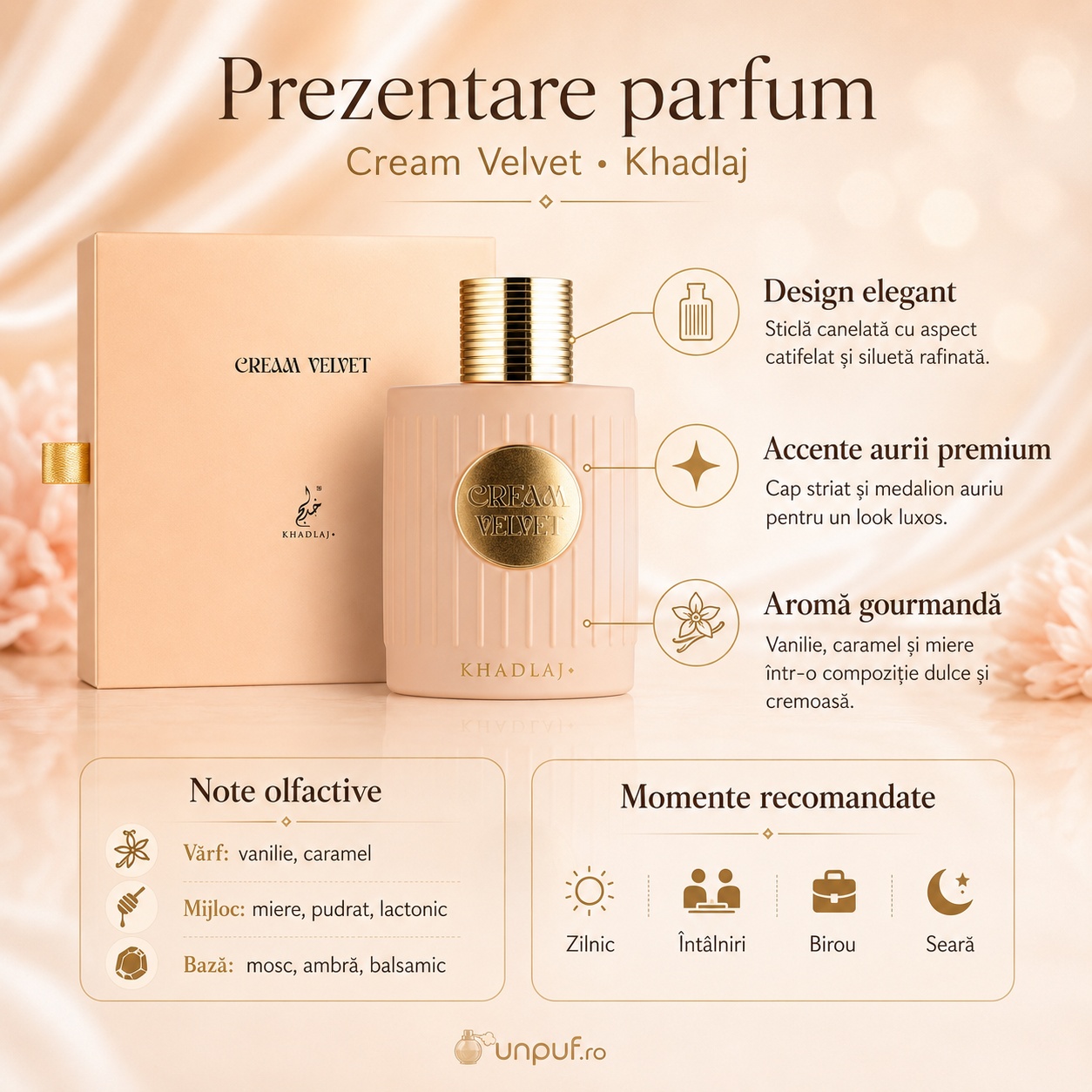 Prezentare parfum Khadlaj Cream Velvet cu design elegant, accente aurii și aromă gourmandă cremoasă