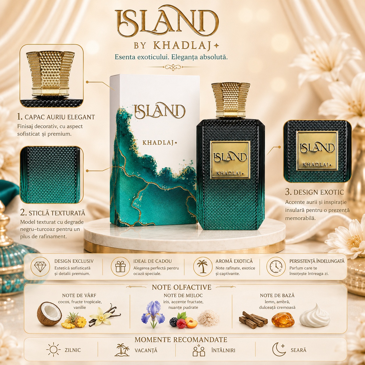 Prezentare parfum Khadlaj Island cu design exotic, capac auriu elegant, sticlă texturată și note olfactive tropicale