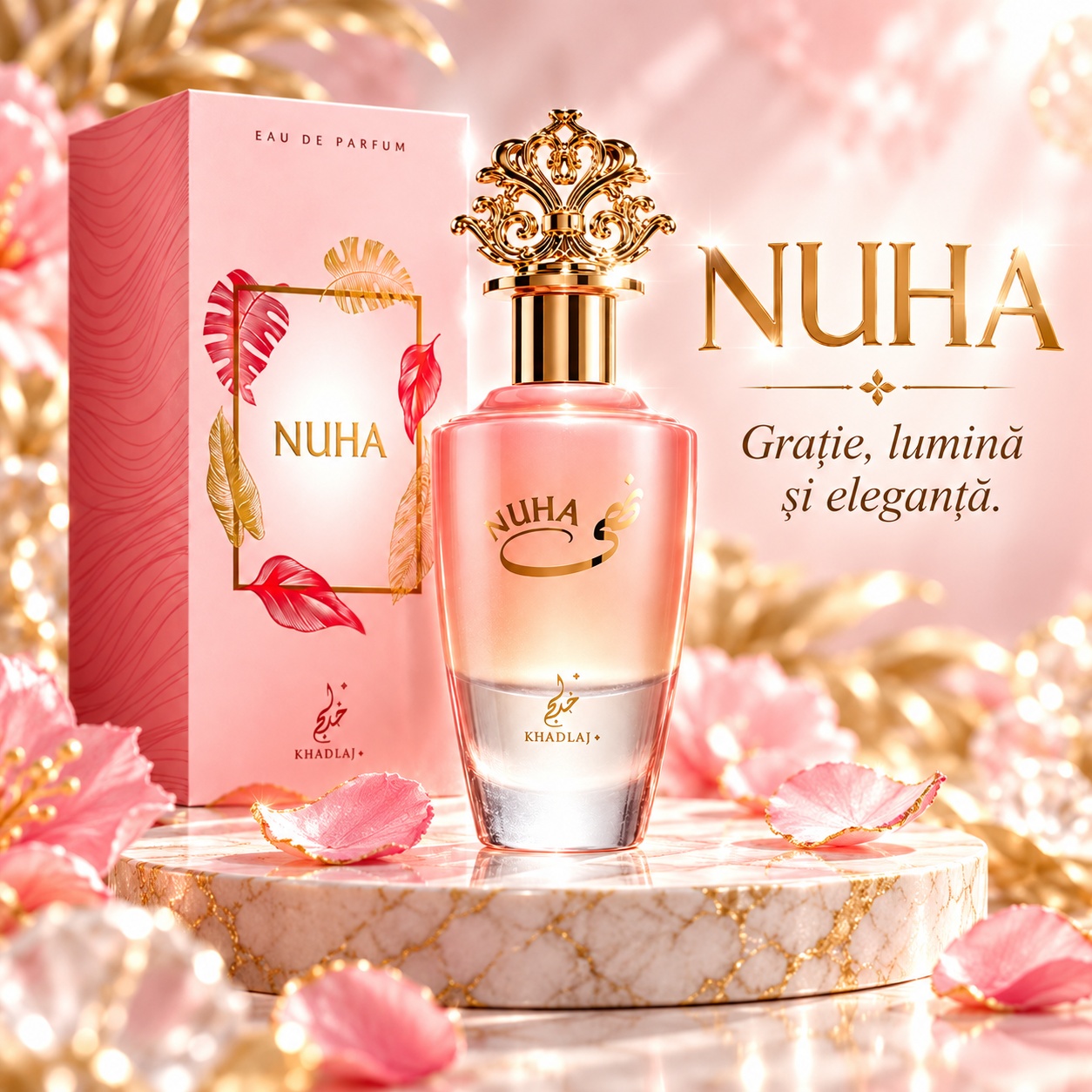 Khadlaj Nuha parfum feminin cu grație lumină și eleganță în ambalaj roz auriu