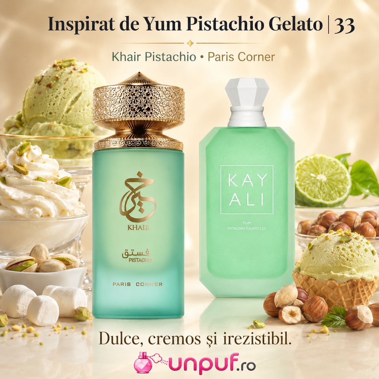 Khair Pistachio Paris Corner inspirat de Yum Pistachio Gelato 33 Kayali, parfum dulce cremos și irezistibil cu fistic, &icirc;nghețată, frișcă, lime și alune