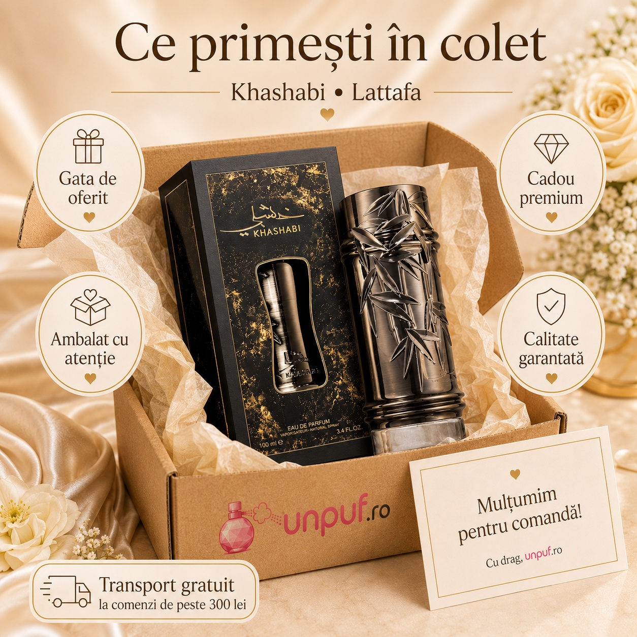 Ce primești &icirc;n colet Khashabi Lattafa 100 ml ambalat cu atenție cadou premium unpuf.ro