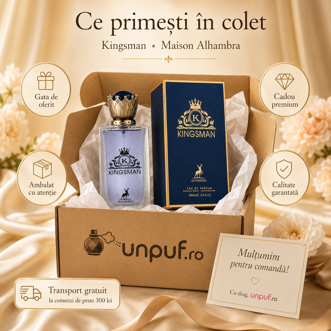 Ce primești &icirc;n colet Kingsman Maison Alhambra 100 ml ambalat cu atenție cadou premium unpuf.ro