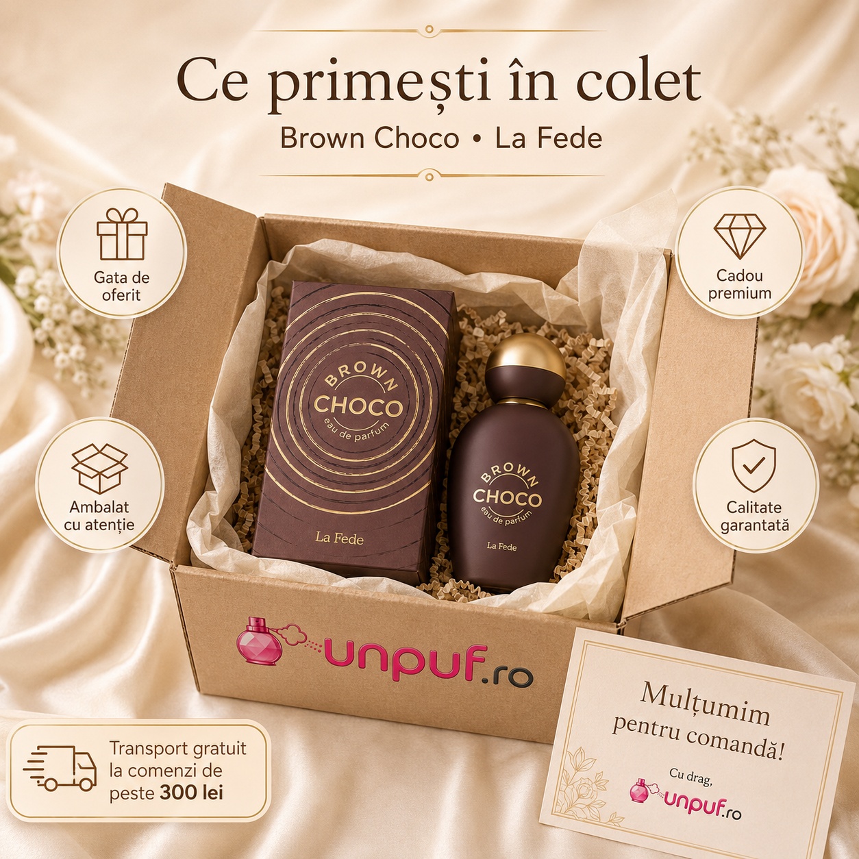 Ce primești în colet la parfumul La Fede Choco Brown, ambalaj premium UnPuf.ro