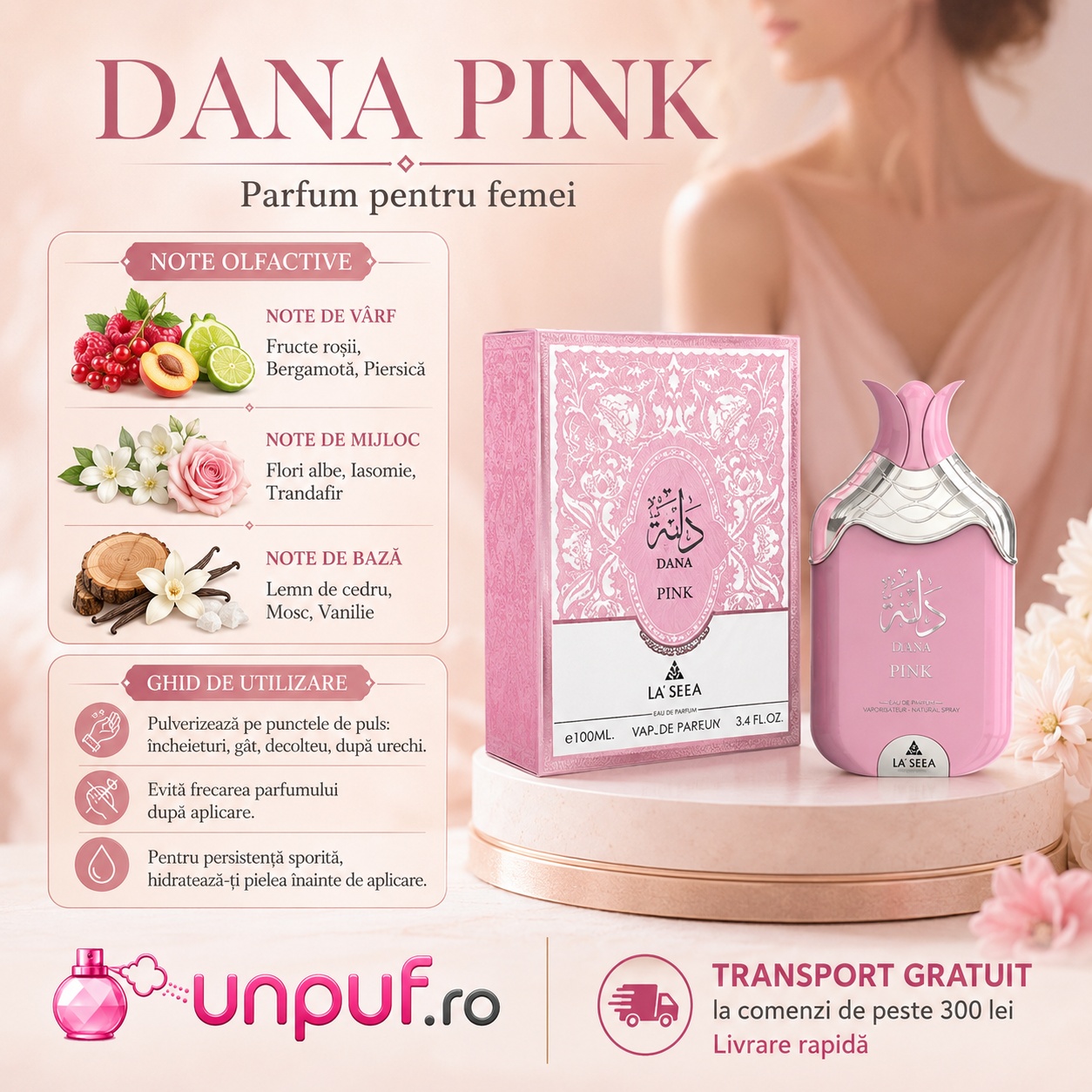 Profil olfactiv La Sera Dana Pink cu fructe roșii, bergamotă, piersică, flori albe, iasomie, trandafir, cedru, mosc și vanilie