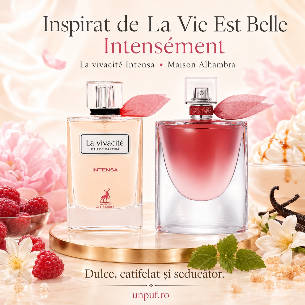 La Vivacit&eacute; Intensa Maison Alhambra inspirat de La Vie Est Belle Intens&eacute;ment Lancome parfum dulce catifelat și seducător