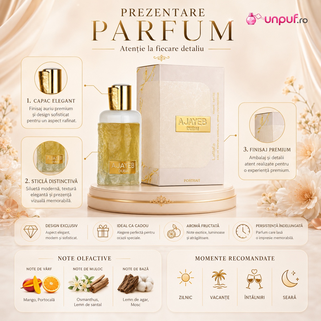 Prezentare Lattafa Ajayeb Dubai Portrait detalii flacon note olfactive mango portocală osmanthus lemn de santal lemn de agar și mosc
