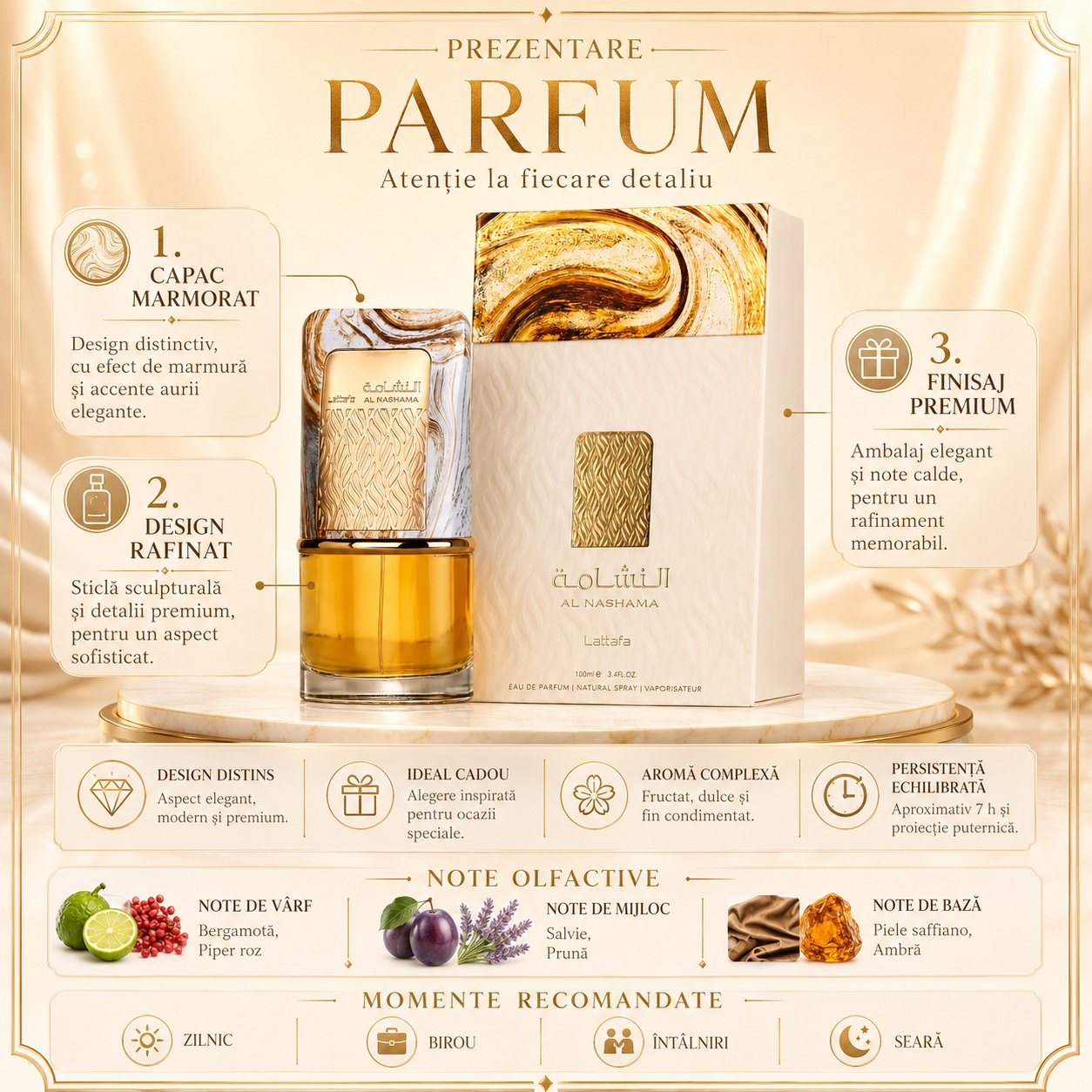 Prezentare parfum Lattafa Al Nashama cu note olfactive bergamotă piper roz salvie prună piele saffiano și ambră