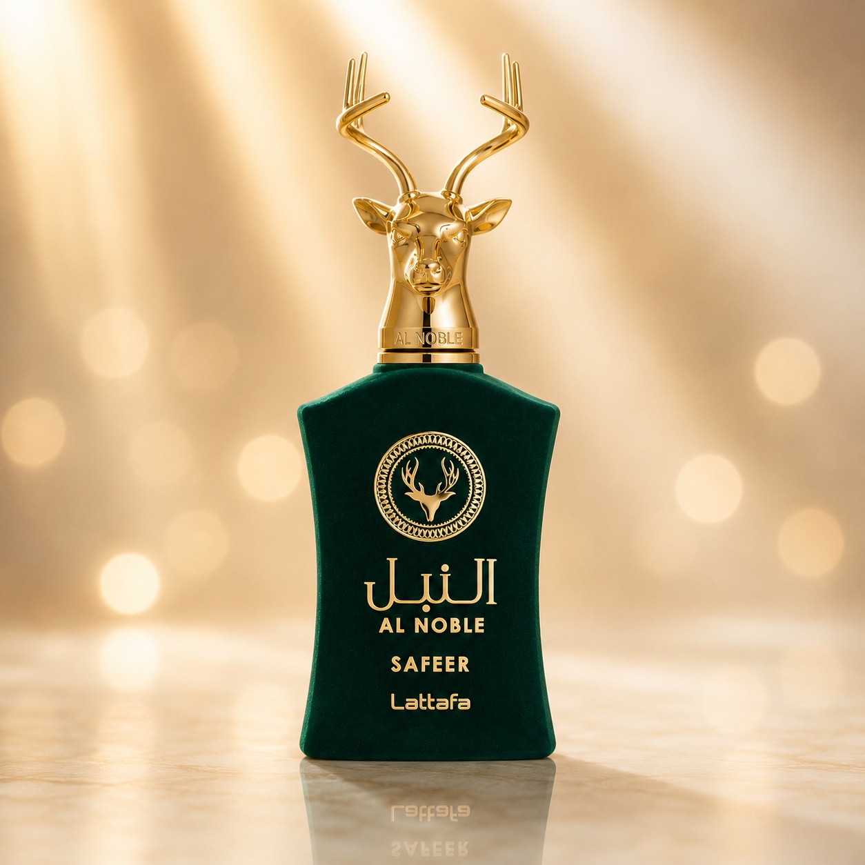 Flacon Lattafa Al Noble Safeer 100 ml parfum unisex verde cu finisaj catifelat și capac auriu sculptural