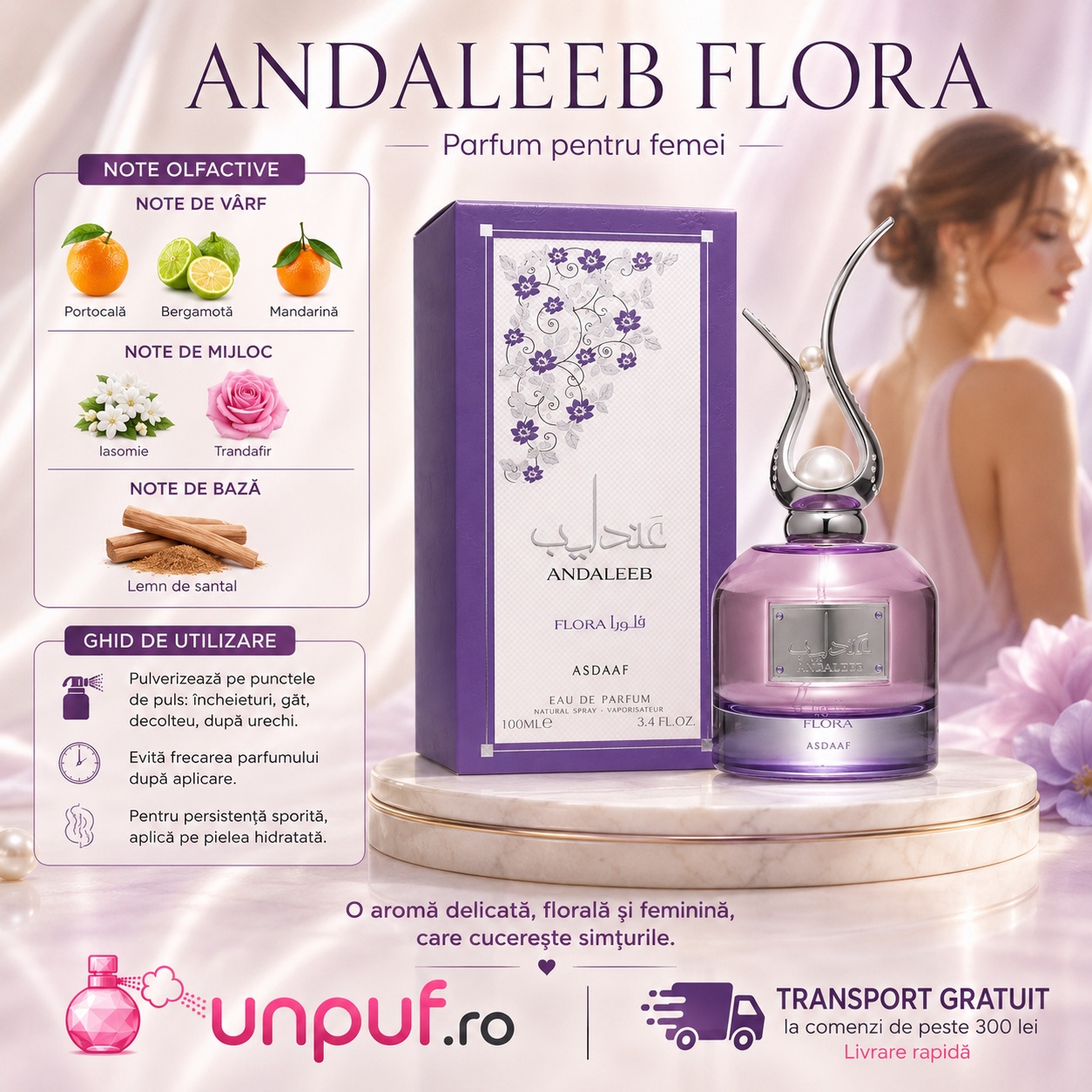 Andaleeb Flora Lattafa parfum pentru femei cu note olfactive portocală bergamotă pară iasomie trandafir santal mosc și caramel