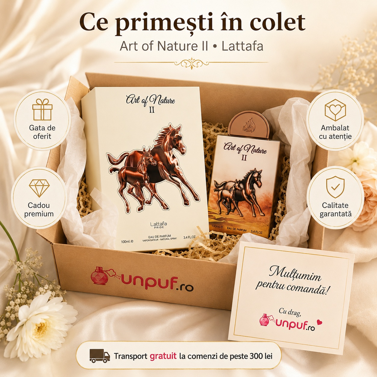 Ce primești &icirc;n colet Lattafa Art Of Nature II 100 ml parfum arăbesc unisex ambalat cu atenție gata de oferit cadou