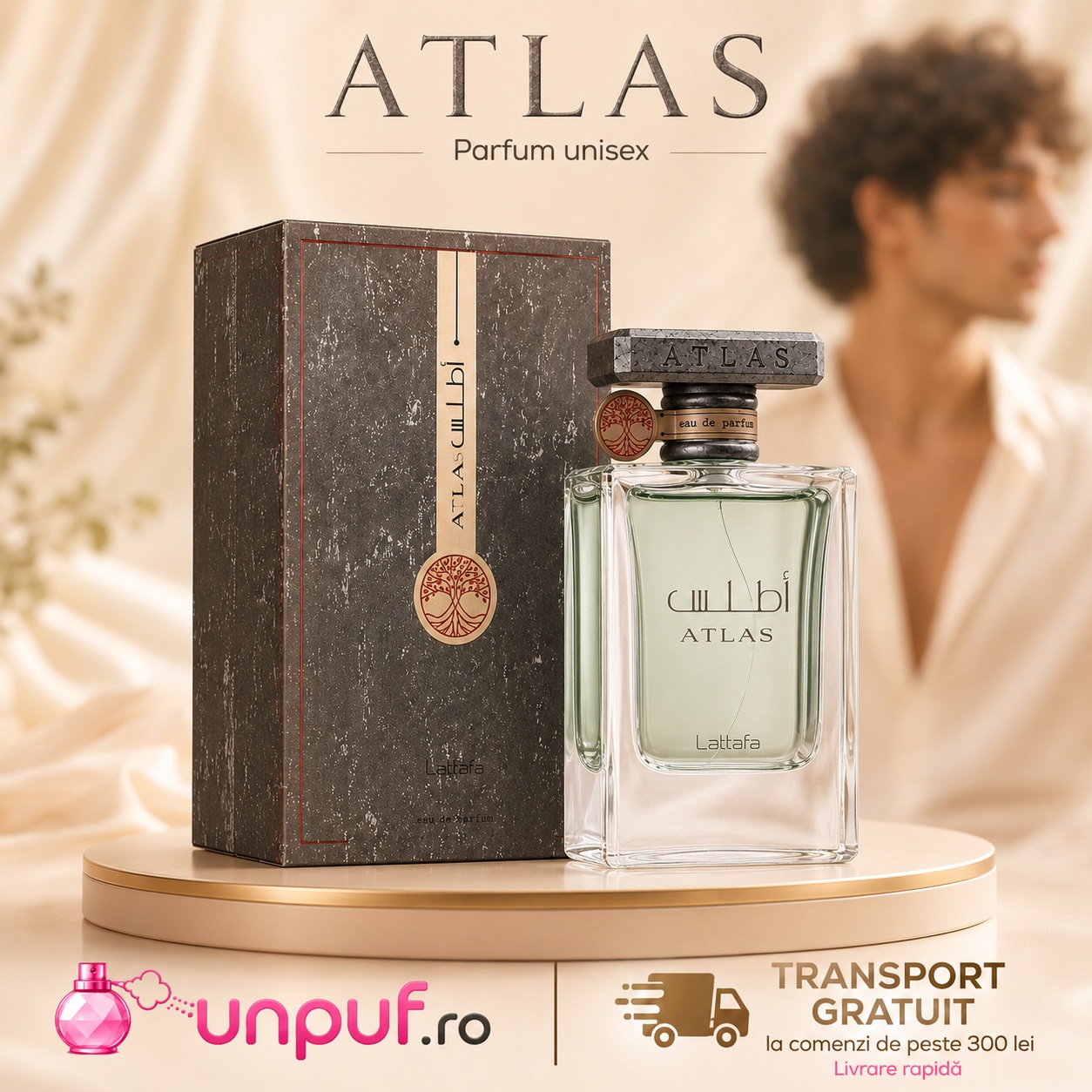 Lattafa Atlas parfum pentru bărbat cu flacon și cutie premium aromă marină proaspătă și aspect elegant