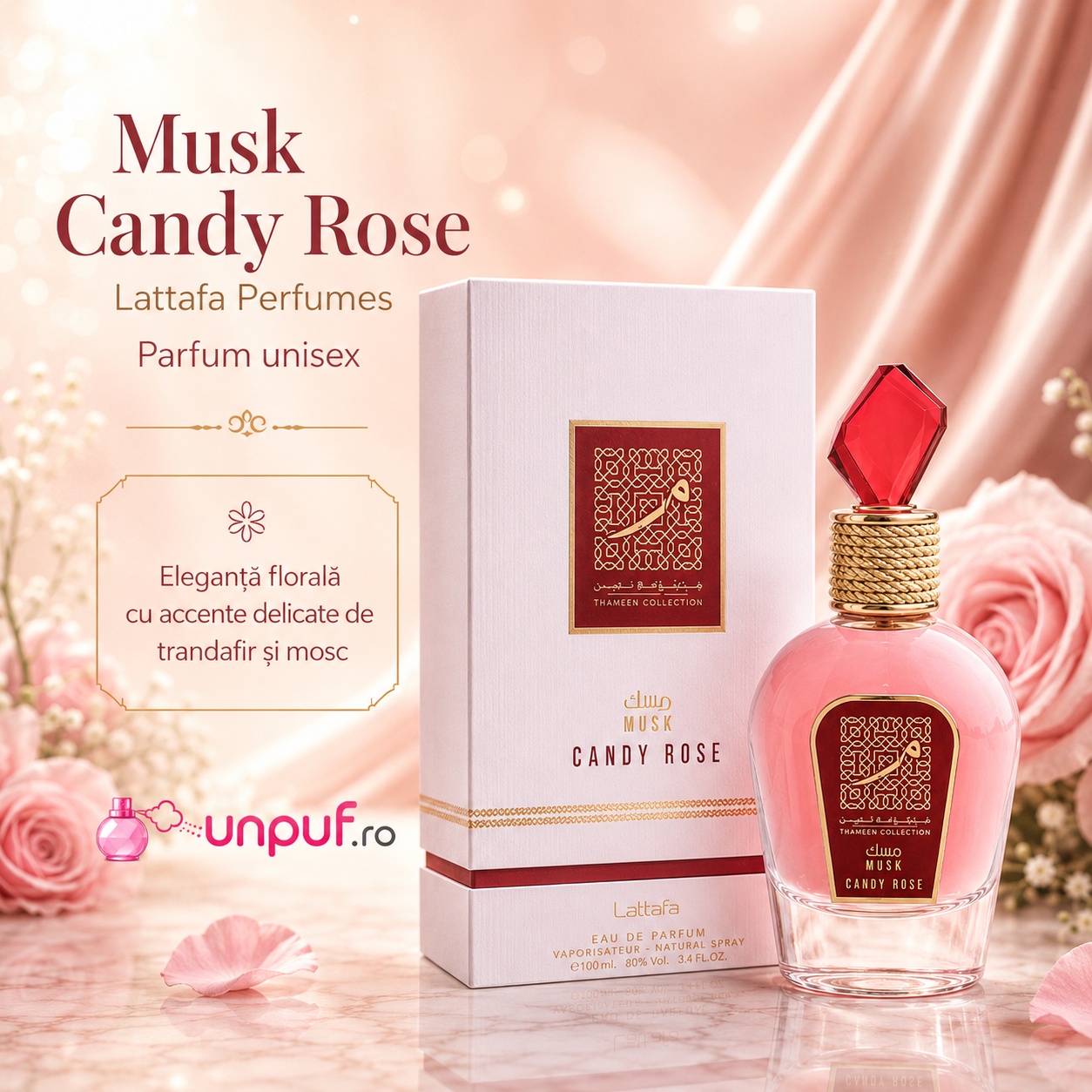 Lattafa Musk Candy Rose parfum floral cu accente delicate de trandafir și mosc pentru damă