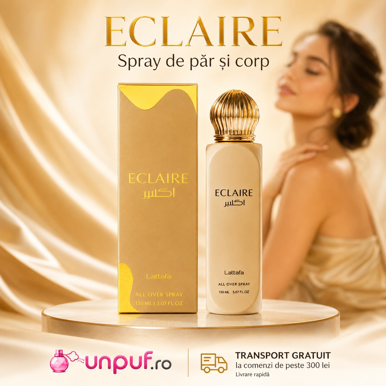 Eclaire Lattafa spray de păr și corp pentru damă cu flacon crem cutie aurie și aromă feminină elegantă