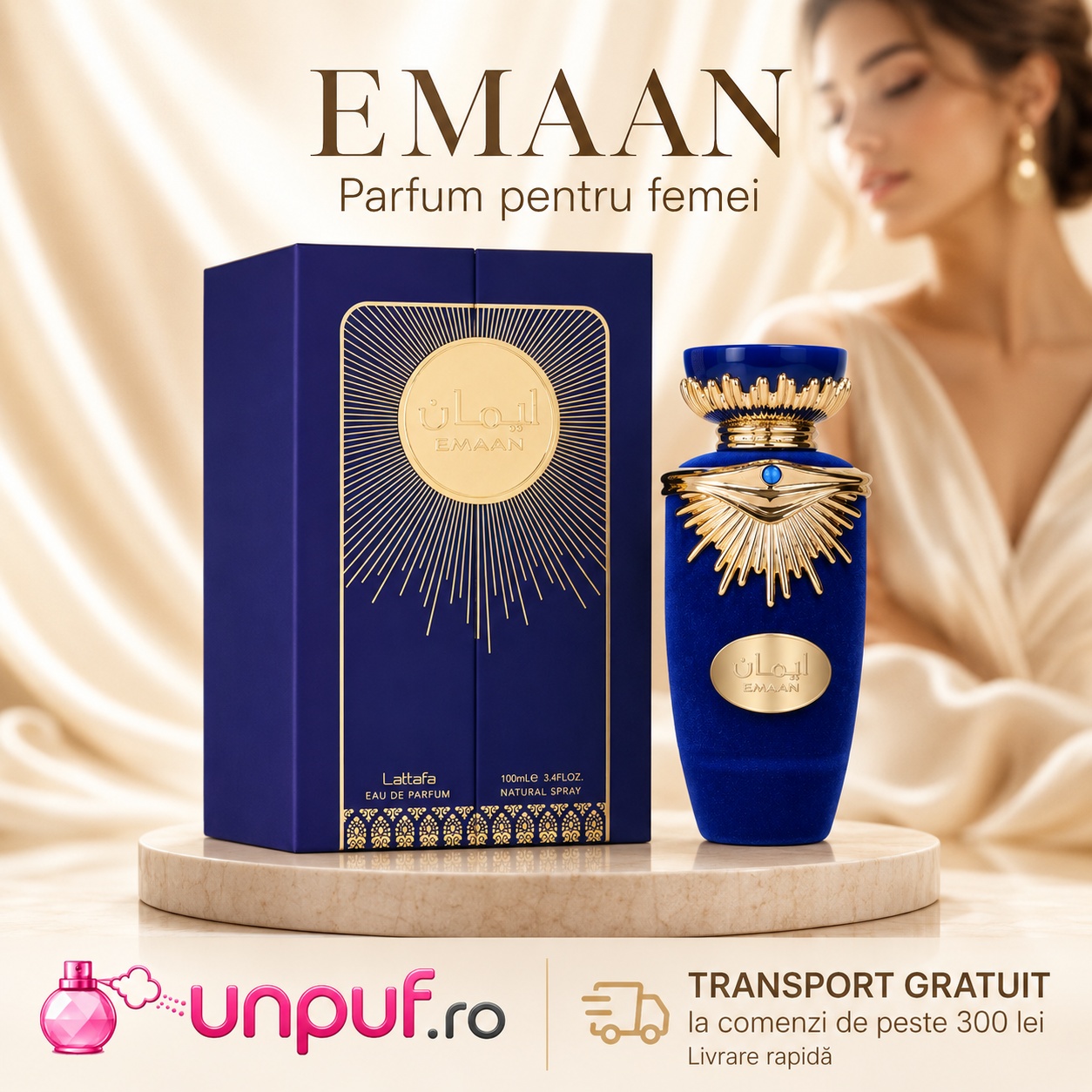 Parfum Lattafa Emaan 100 ml pentru femei cu flacon albastru și cutie premium transport gratuit la comenzi eligibile