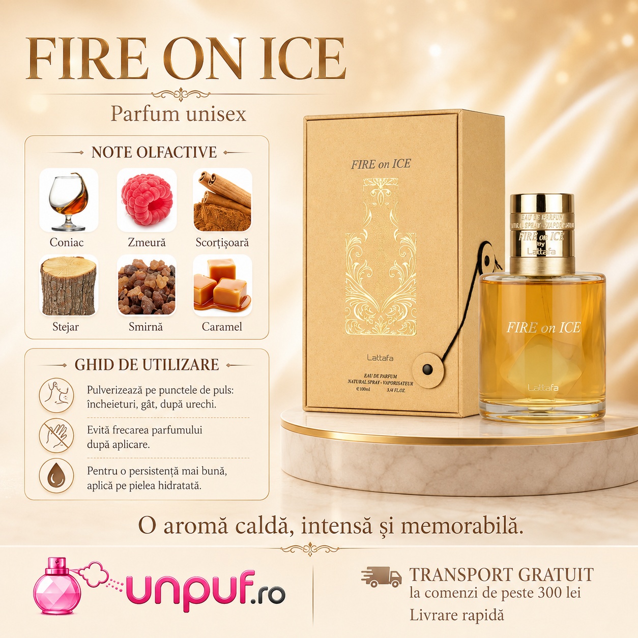 Lattafa Fire On Ice parfum unisex cu note olfactive de cognac zmeură scorțișoară stejar smirnă și caramel