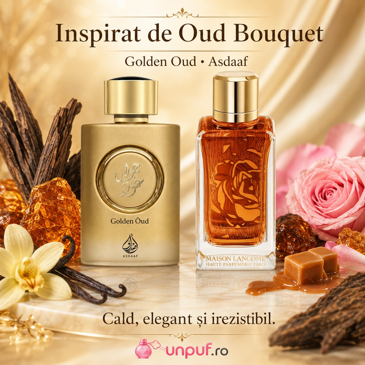 Lattafa Golden Oud inspirat de Oud Bouquet parfum arabesc cald elegant și irezistibil