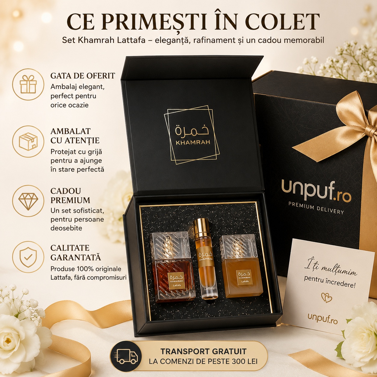 Ce primești în colet la Lattafa Khamrah Giftset, ambalat elegant și potrivit pentru cadou premium