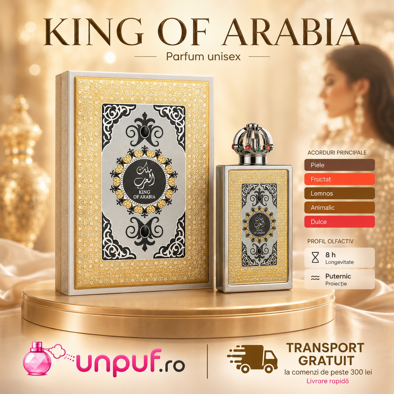 Lattafa King Of Arabia parfum unisex cu acorduri principale de piele fructat lemnos animalic și dulce