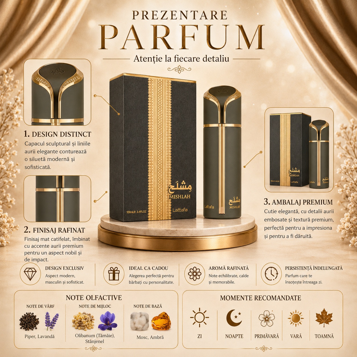 Prezentare Lattafa Mishlah parfum unisex cu design distinct finisaj rafinat ambalaj premium aromă rafinată și persistență îndelungată